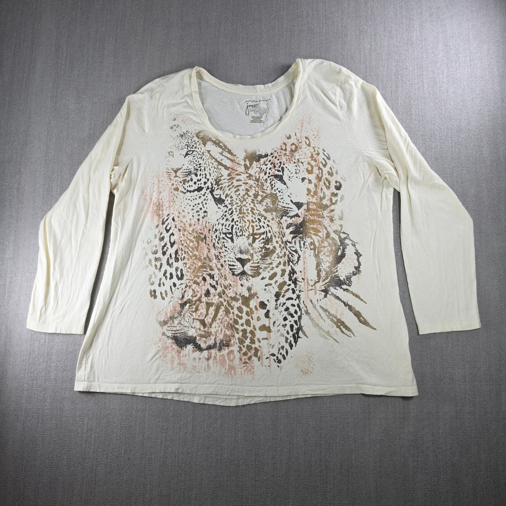 Just My Size Graphic Tee Women 2X Cream Leopard Print 3/4 Sleeve Scoop‎ Neck
